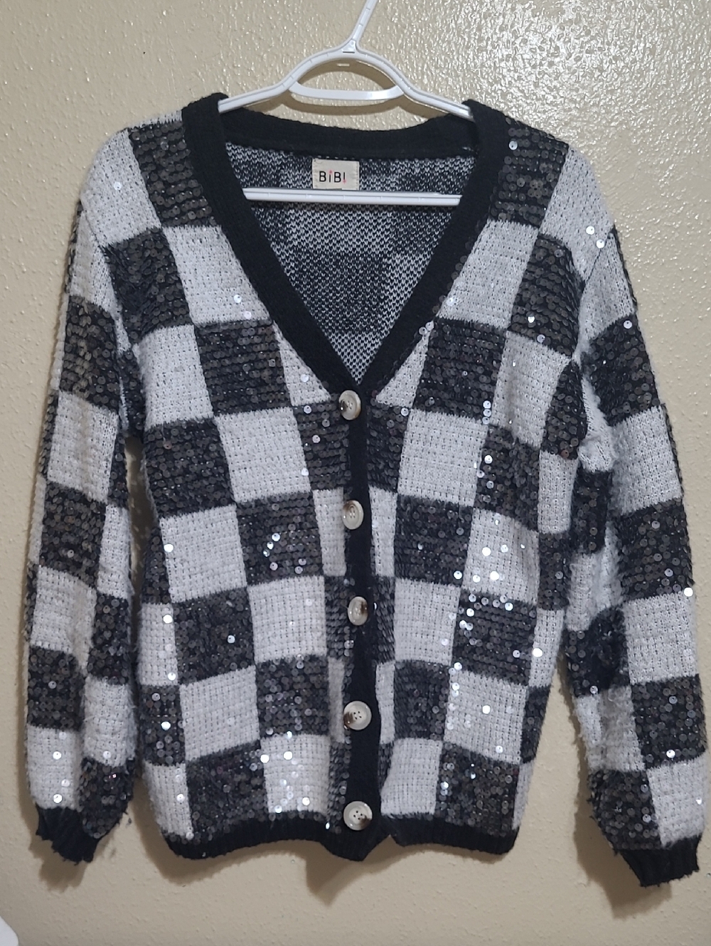 BiBi Black & White Sequin Checkered Cardigan